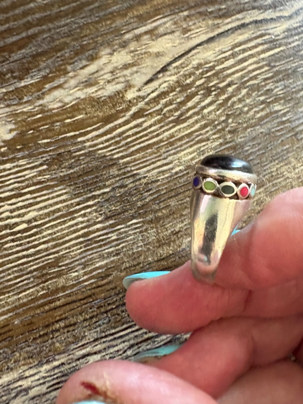 Vintage Sterling Silver Cabochon Onyx and Multi-Stone Inlay Ring. SZ  6.75 - Picture 10 of 17